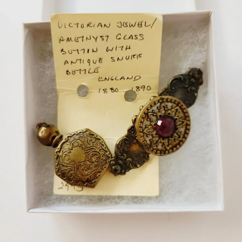Victorian Style Brooch & Pendant Set | Antique Snuff Bottle | Amethyst Glass